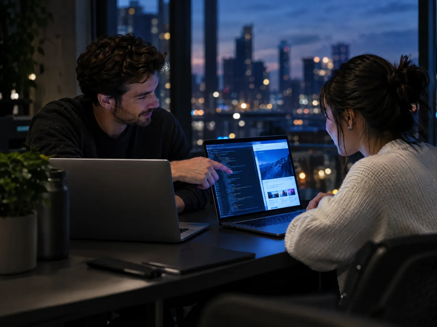 Two engineers collaborating at laptops in a dark office.