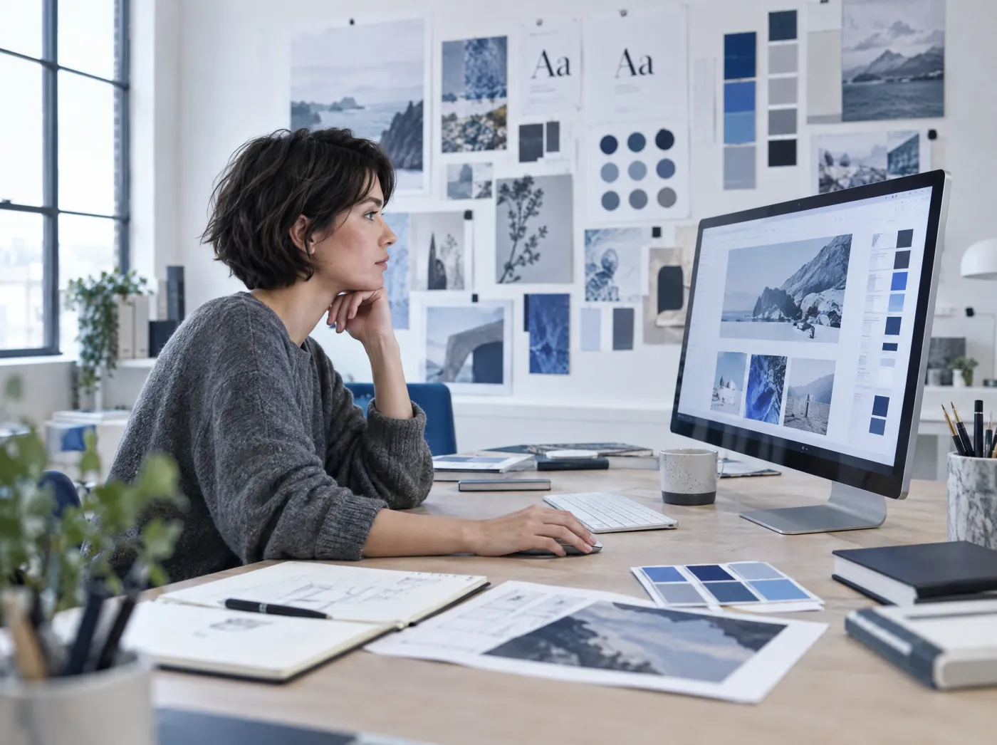An independent designer working in a bright studio with mood boards.